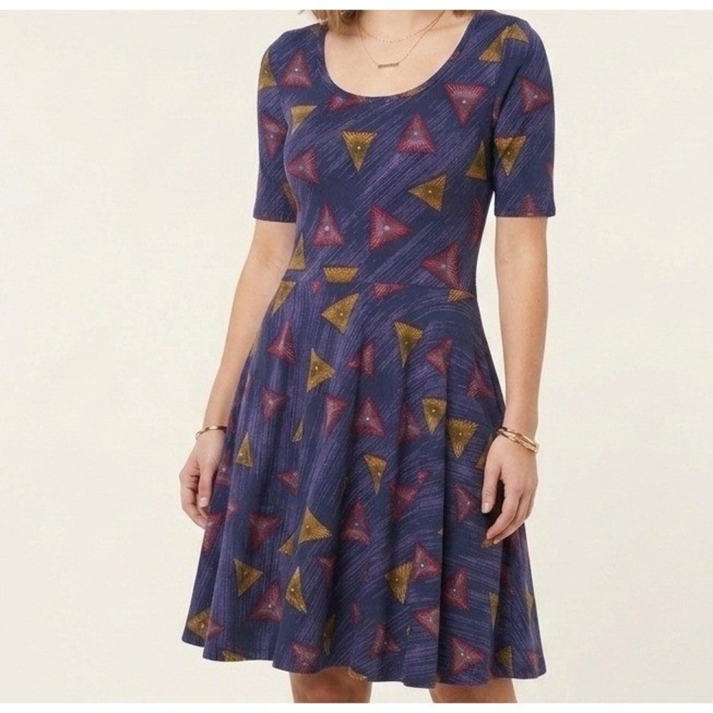 LuLaRoe Nicole Dress Womens Lg Purple Geometric Triangle Eye Of God Fit Flare